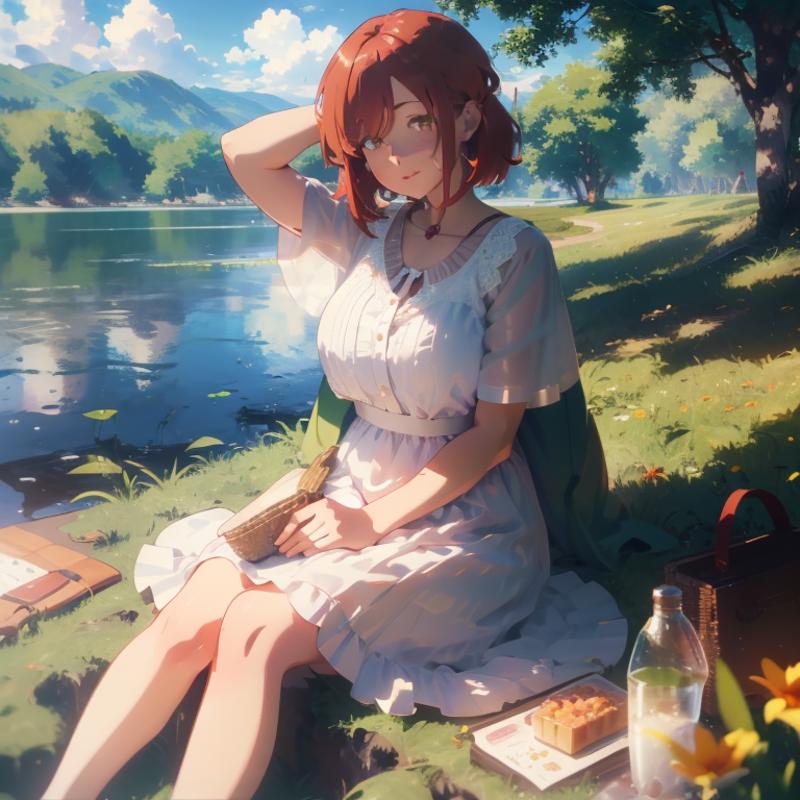 00153-2299588985-1Girl, mature, American, redhead, medium hair, yellow eyes, sitting on a picnic blanket near a lake, elegant summer dress, happy.png